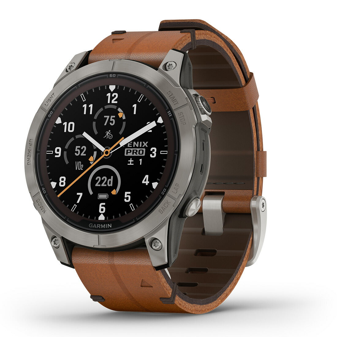 fenix 7 PRO Sapphire Dual Power Phoenix 7 Pro Titanium with Chestnut Leather Band 010-02777-82